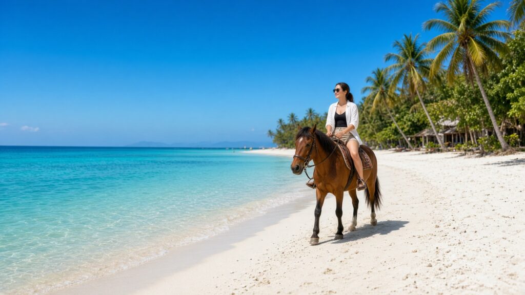 Rider on horseback walking along white sand and turquoise water on Gili Trawangan